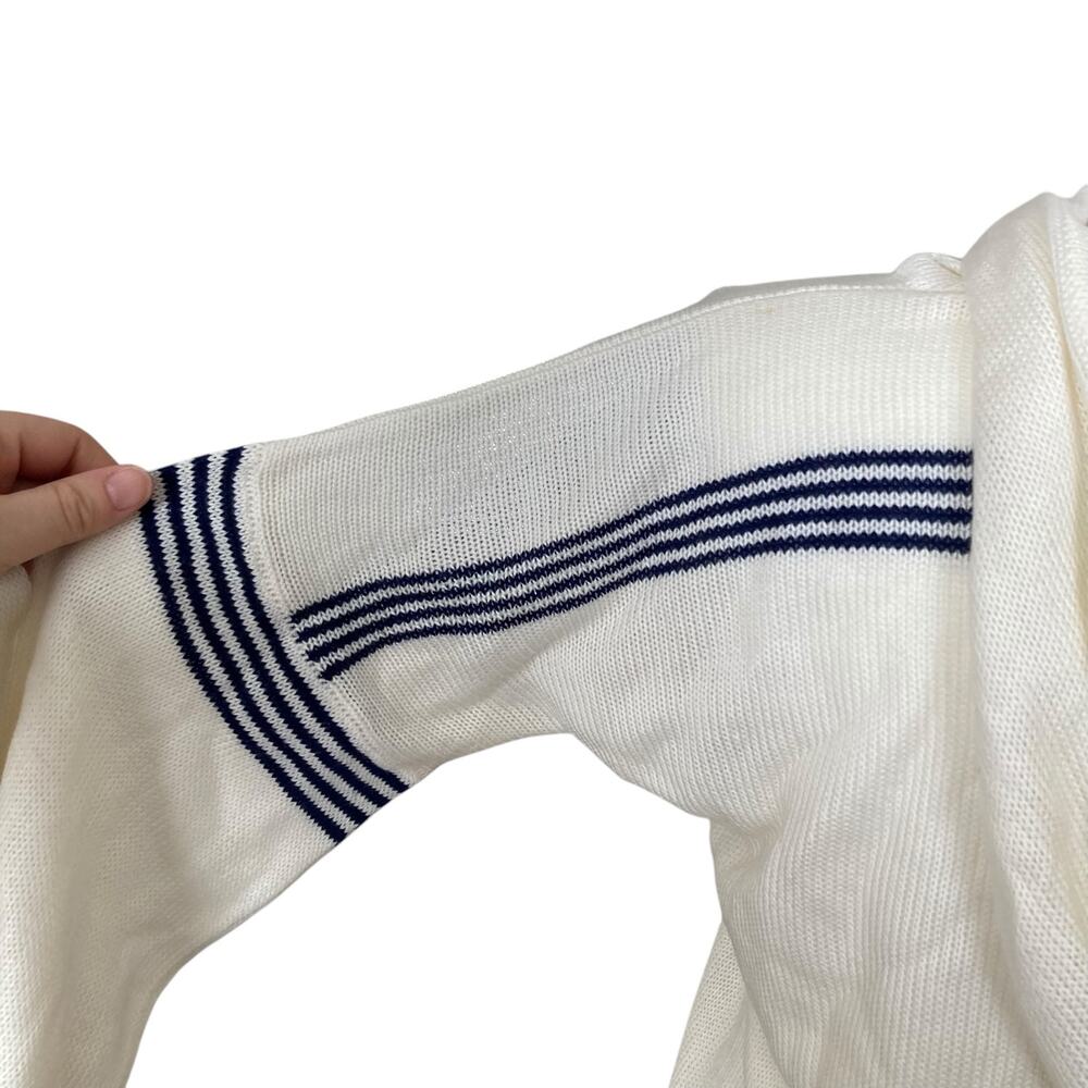 Vintage White Navy Stripe Knit Hoodie Sweater Embroidered Patch Womens Small - Picture 13 of 16